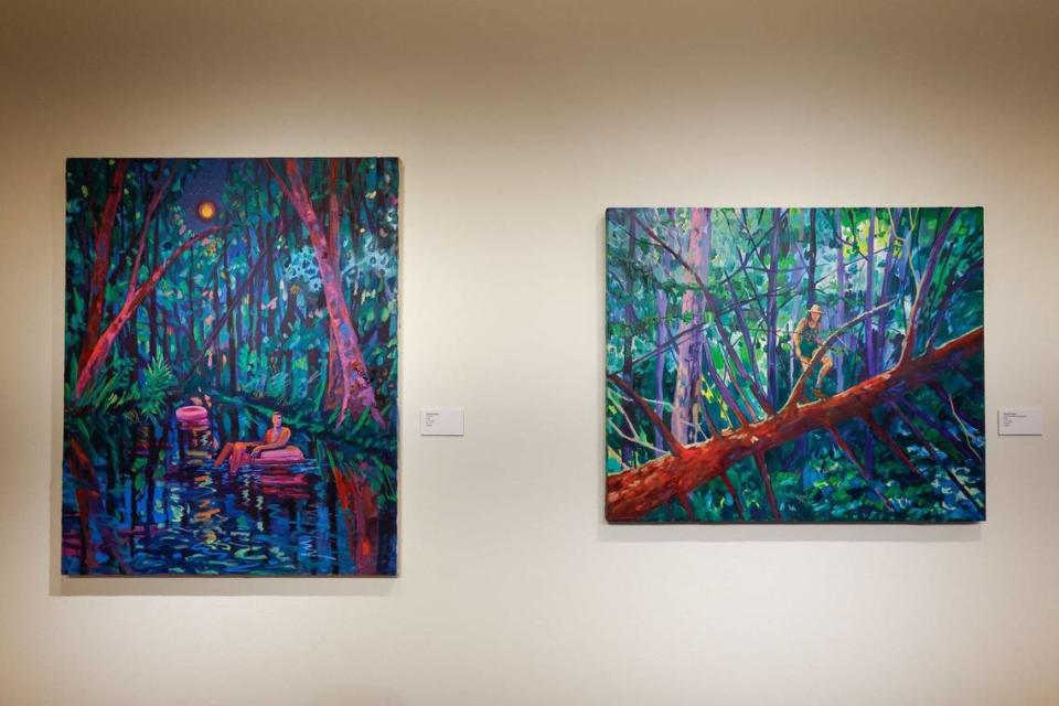 “Past Life” (top) and “Some time away (treeclimber)” are two oil paintings by artist Danielle Kleber in the “America Honey” exhibit that Taylor Lee Nicholson curated.