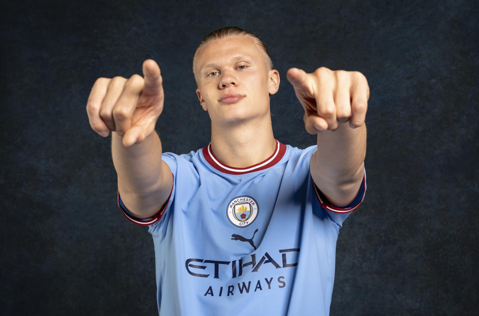 MANCHESTER, ENGLAND: In this photo released on June 13, 2022 Manchester City unveil new signing Erling Haaland at Manchester City Football Academy in Manchester, England. (Photo by Lynne Cameron - Manchester City/Manchester City FC via Getty Images)