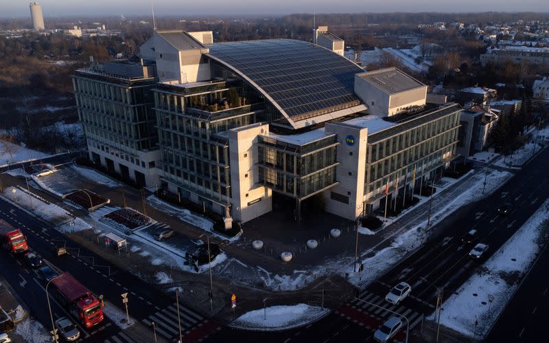 Aerial view of the headquarters of the private television TVN, owned by the U.S. media company Discovery Inc, in Warsaw