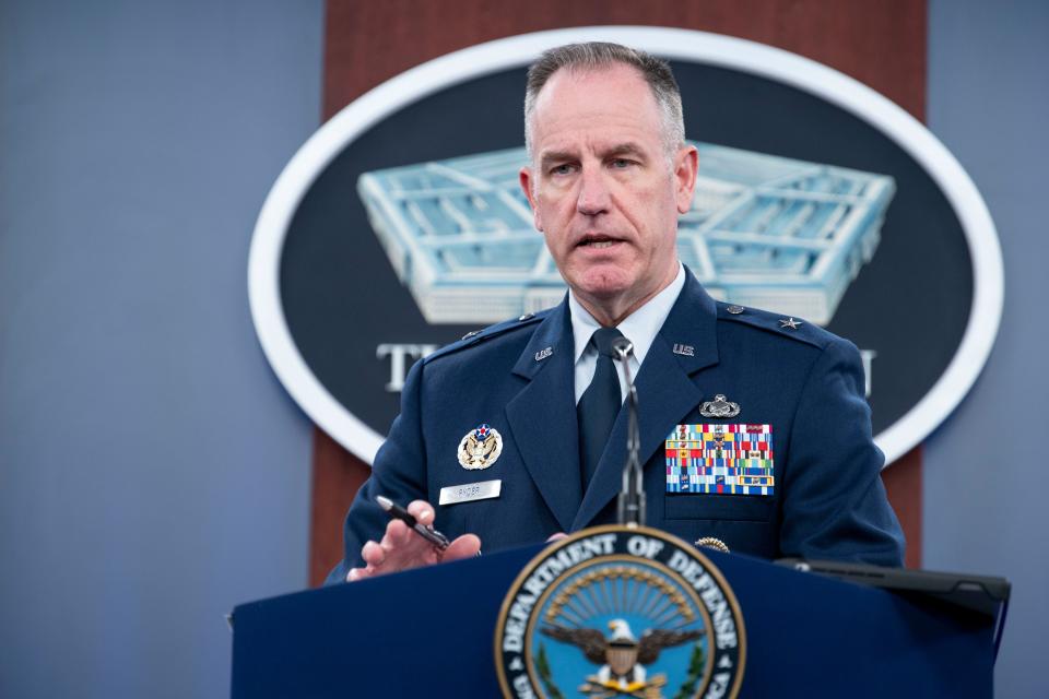Pentagon spokesman Air Force Brig. Gen. Patrick Ryder speaks at the Pentagon on Thursday, Oct. 26, 2023 in Washington. The U.S. military launched airstrikes early Friday on two locations in eastern Syria linked to Iran's Revolutionary Guard Corps, the Pentagon said, in retaliation for a slew of drone and missile attacks against U.S. bases and personnel in the region that began early last week. According to the Pentagon, there have been at least 12 attacks on U.S. bases and personnel in Iraq and four in Syria since Oct. 17. (AP Photo/Kevin Wolf)