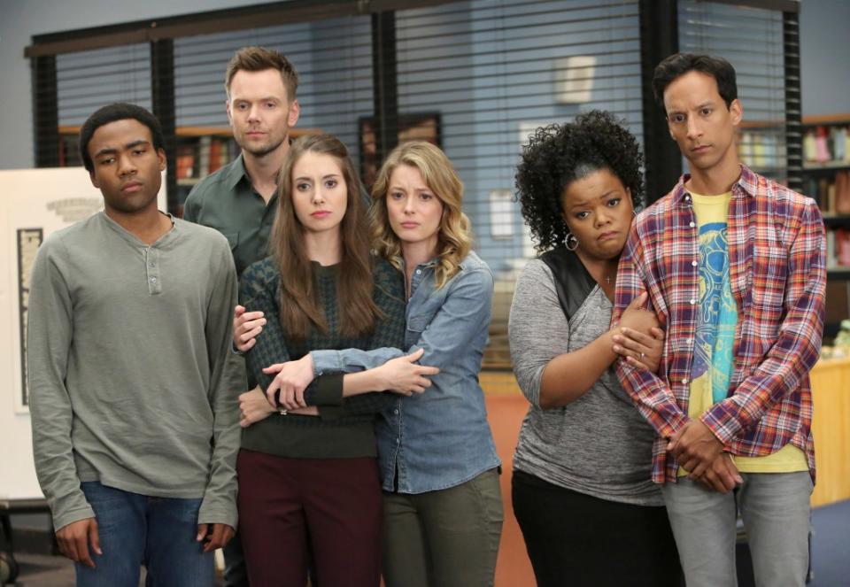 Glover (left), Joel McHale, Alison Brie, Gillian Jacobs, Yvette Nicole Brown and Danny Pudi in “Community.” ©NBC/Courtesy Everett Collection