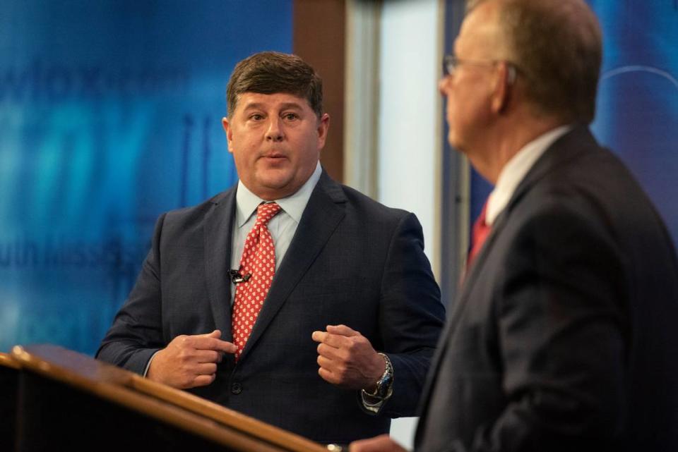 Rep. Steven Palazzo, who is running to be the Republican candidate for Mississippi’s fourth congressional district, talks to his opponent, Sheriff Mike Ezell, during a debate at WLOX in Gulfport on Friday, June 24, 2022.