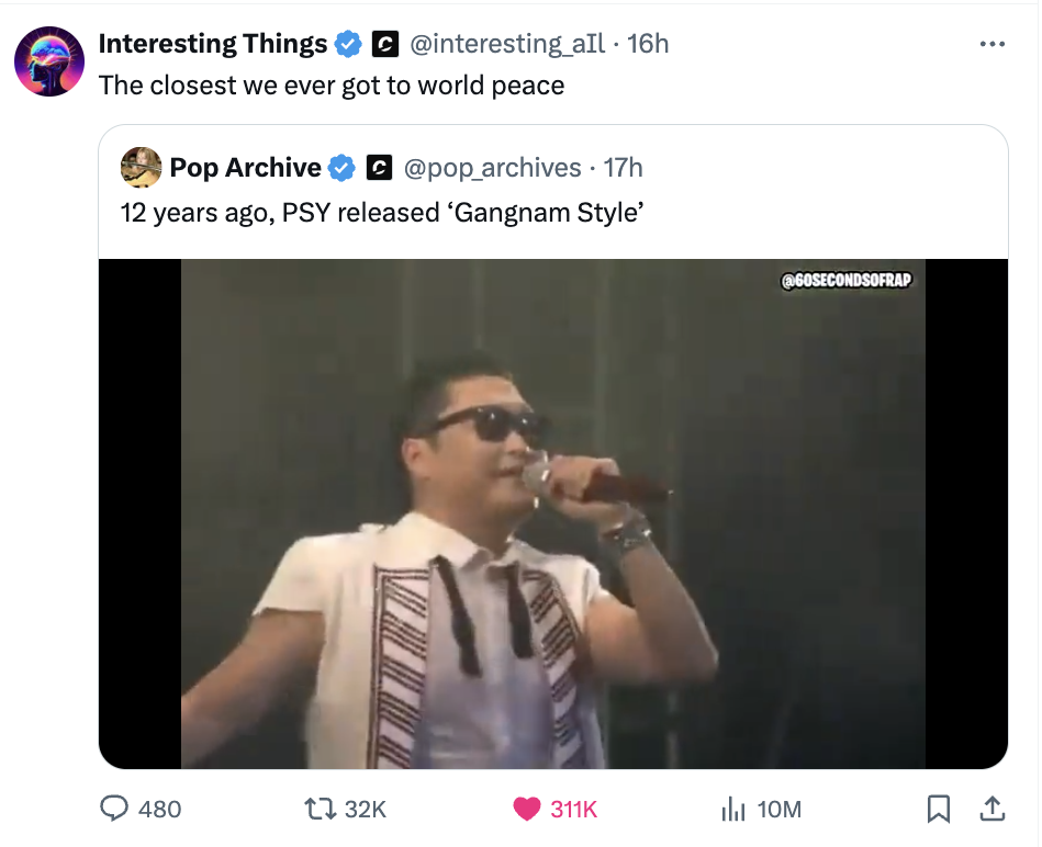 Screenshot of a social media post by "Interesting Things," showing a tweet by "Pop Archive" with an image of PSY performing "Gangnam Style" 12 years ago