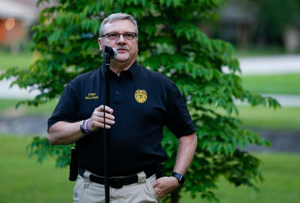 Springfield Police Chief Paul Williams speaks at a candlelight vigil at the Victims Memorial Garden remembering Stacy McCall, Suzie Streeter, and Streeter's mother, Sherrill Levitt, who disappeared 30 year ago on June 7, 1992.