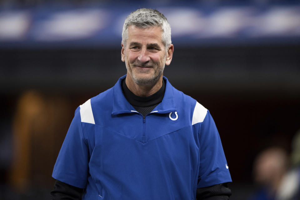 FILE - Indianapolis Colts head coach Frank Reich walks onto the field before an NFL football game against the New York Jets, Thursday, Nov. 4, 2021, in Indianapolis. A year after he became head coach of the Indianapolis Colts, Reich and his wife, Linda, formed kNot Today, a nonprofit that works to prevent child sexual abuse and exploitation. Their foundation is among five organizations working together at the 2022 Super Bowl to combat sex trafficking, which is often heightened around major events. (AP Photo/Zach Bolinger, File)