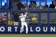 Miami Marlins left fielder Luke Williams catches a ball hit by Pittsburgh Pirates' Michael Chavis during the fifth inning of a baseball game, Thursday, July 14, 2022, in Miami. (AP Photo/Wilfredo Lee)