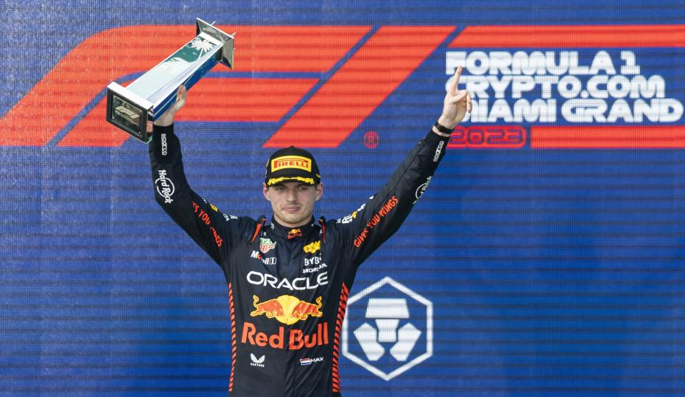 Dutch Formula One driver Max Verstappen of Red Bull Racing holds the trophy after placing first at the Formula One Miami Grand Prix at the Miami International Autodrome on Sunday, May 7, 2023, in Miami Gardens, Fla.(Matias J. Ocner/Miami Herald via AP)