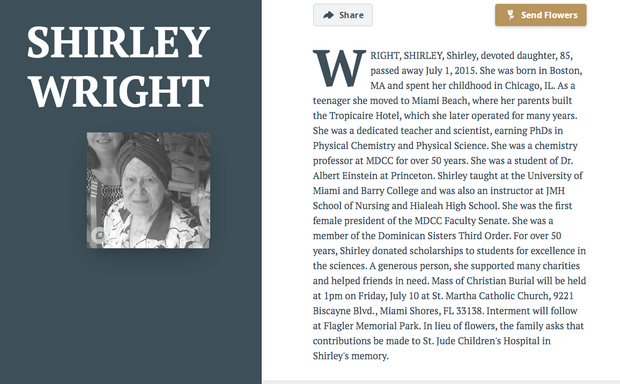 La notice nécrologique de Shirley Wright.