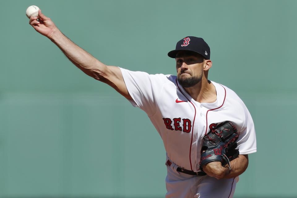 Boston Red Sox's Nathan Eovaldi pitches during the first inning of an opening day baseball game against the Baltimore Orioles, Friday, April 2, 2021, in Boston. (AP Photo/Michael Dwyer)