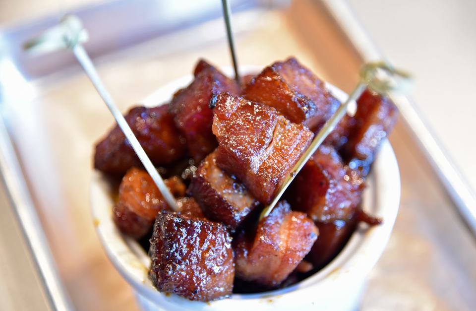 Brick's caramelized Bacon Burnt Ends, which can be served as an appetizer or in a taco.