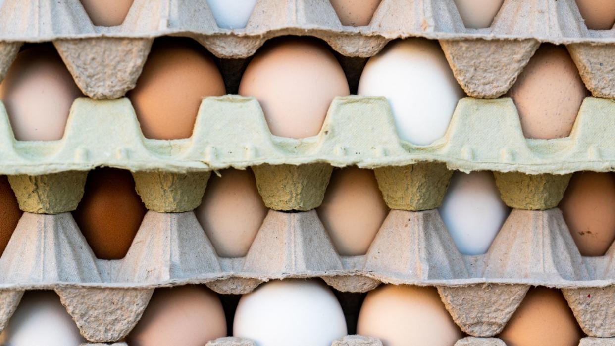 color photograph of farm fresh eggs in stacked crates