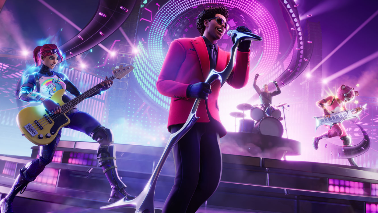  Key art for Fortnite Festival, showing a trio of Fortnite characters playing instruments alongside musical artist, The Weeknd. 