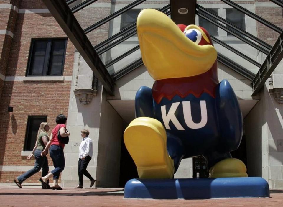 The Jawhawk statue outside the KU student union building stands sentinel on the University of Kansas campus in Lawrence.