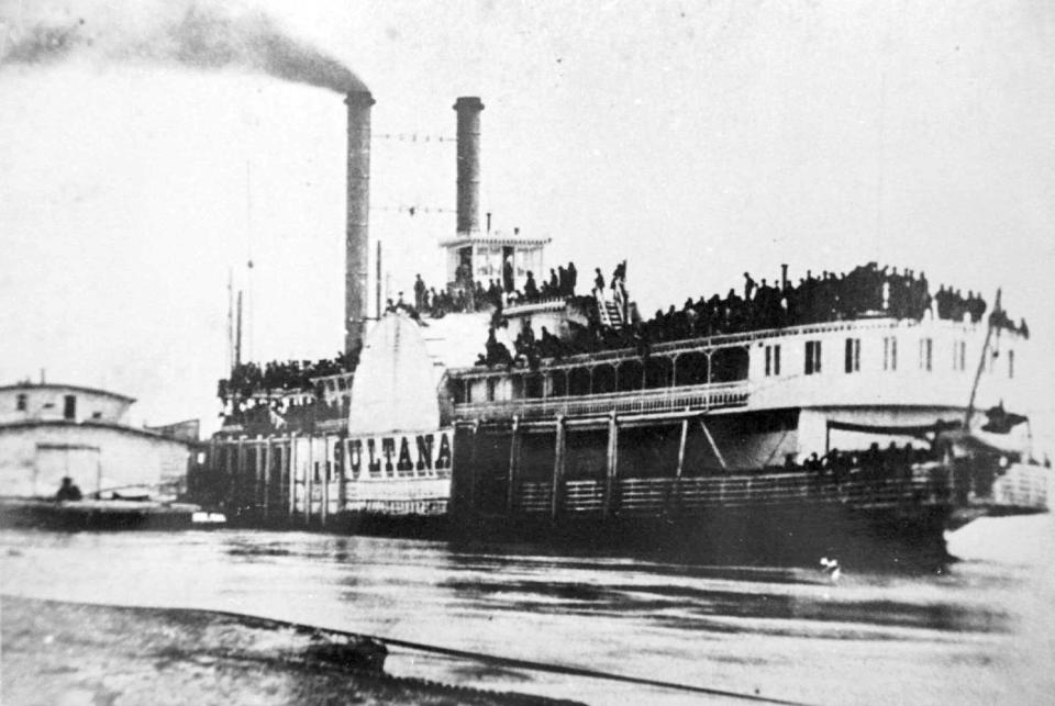 FILE - The steamboat Sultana is docked on the Mississippi River at Helena, Ark, on April 26, 1865. A new book "Destruction of the Steamboat Sultana," by Gene E Salecker, offers a comprehensive and at times compelling account of the disaster. (Library of Congress via AP, File)