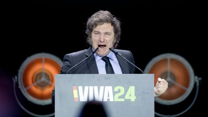 El presidente de Argentina, Javier Milei, en una convención de la ultraderecha en Madrid, España. 