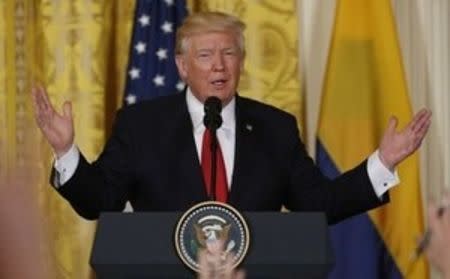 U.S. President Donald Trump speaks during a joint news conference with Colombia's President Juan Manuel Santos (not pictured) at the White House in Washington, U.S. May 18, 2017. REUTERS/Kevin Lamarque