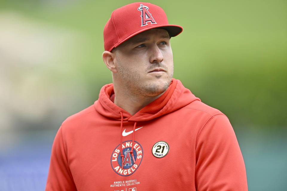 ANAHEIM, CA - SEPTEMBER 15: Mike Trout of the Los Angeles Angels before an MLB game between the Houston Astros and the Los Angeles Angels on September 15, 2024, at Angel Stadium in Anaheim, CA. (Photo by John McCoy/Icon Sportswire via Getty Images)