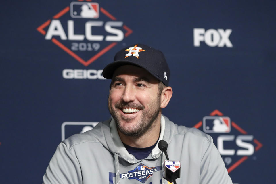 Houston Astros starting pitcher Justin Verlander answers questions during a news conference before Game 4 of baseball's American League Championship Series against the New York Yankees, Thursday, Oct. 17, 2019, in New York. (AP Photo/Frank Franklin II)