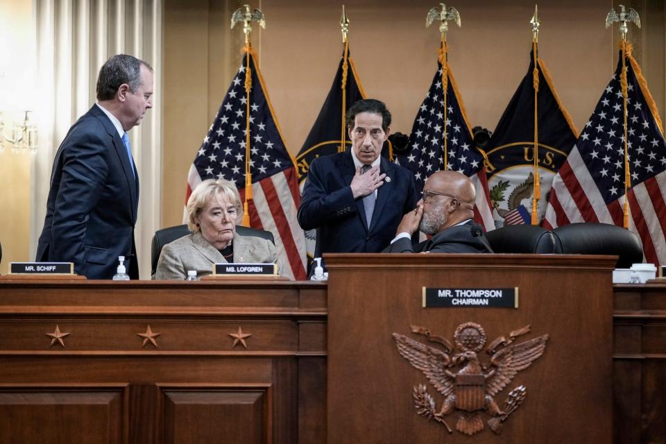 Democratic Reps. Adam Schiff of California, Zoe Lofgren of California, Jamie Raskin of Maryland and January 6 committee co-chair Bennie Thompson of Mississippi confer behind the dais during a hearing of the Select Committee to Investigate the January 6th Attack on the U.S. Capitol in the Cannon House Office Building on June 9, 2022 in Washington, DC.