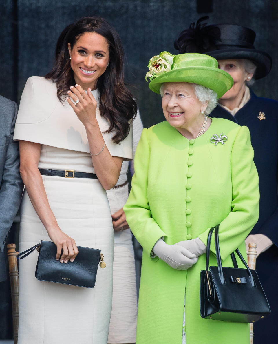 Meghan, Duchess of Sussex and Queen Elizabeth II open the new Mersey Gateway Bridge on June 14, 2018 in Widness, England