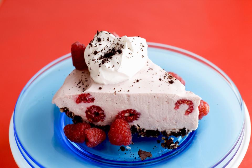 In this image taken on May 27, 2013, raspberry coconut ice box pie is shown served on a plate in Concord, N.H. (AP Photo/Matthew Mead)