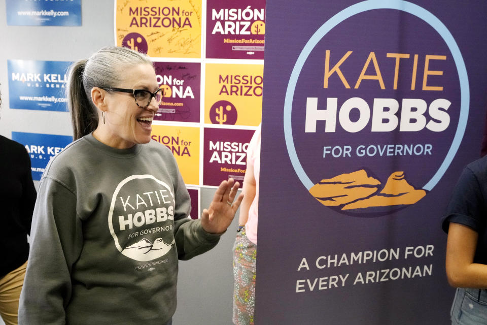 Katie Hobbs, Arizona Democratic candidate for governor, waves to supporters at a campaign event in Peoria, Ariz., Monday, Nov. 7, 2022. (AP Photo/Ross D. Franklin)