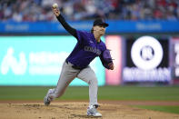 Colorado Rockies' Ryan Feltner pitches to a Philadelphia Phillies batter during the first inning of a baseball game Wednesday, April 17, 2024, in Philadelphia. (AP Photo/Matt Rourke)