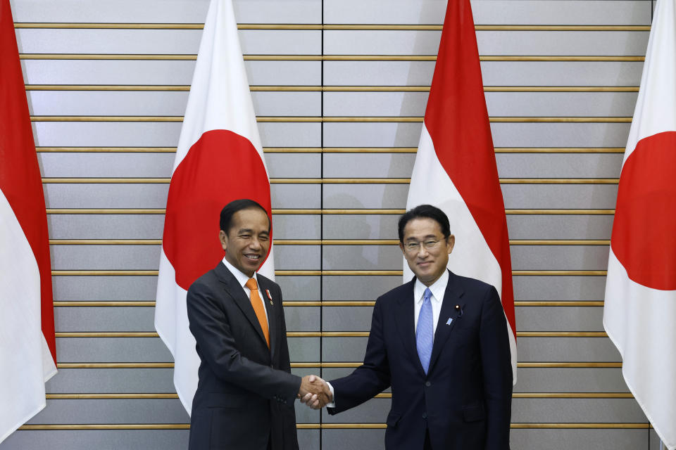 Indonesian President Joko Widodo, left, and Japan's Prime Minister Fumio Kishida meet at the prime minister's official residence in Tokyo Wednesday, July 27, 2022. (Kiyoshi Ota/Pool Photo via AP)