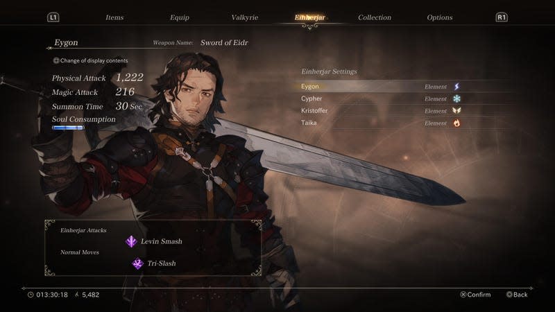 A character screen depicting the Einherjar Eygon, a dark-haired man with a massive sword slung over his shoulder.