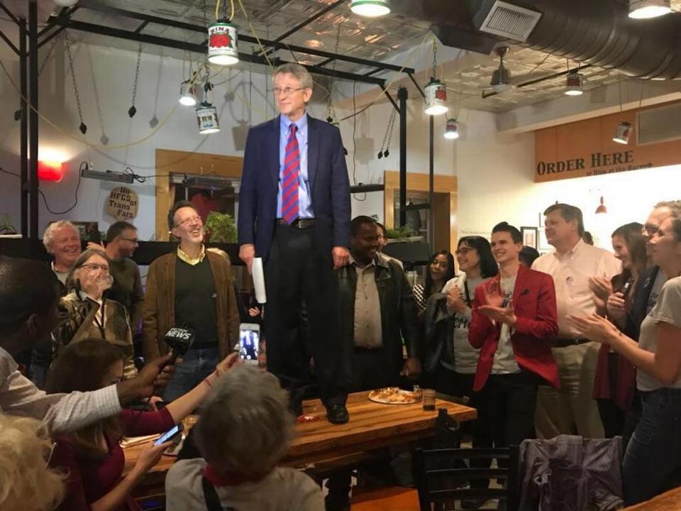 Durham Mayor-elect Steve Schewel addresses supporters at Pompieri Pizza across from Durham City Hall on Tuesday night.