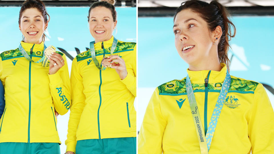 Georgia Baker and Sarah Roy, pictured here after winning gold and bronze in the women's road race at the Commonwealth Games. 