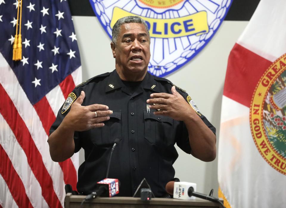 Chief of the Gainesville Police Department Lonnie Scott address questions from the media during a press conference revealing the findings of an internal investigation into the Terrell Bradley incident involving a GPD K-9 unit, at the GPD headquarters in Gainesville FL. Sept. 8, 2022.