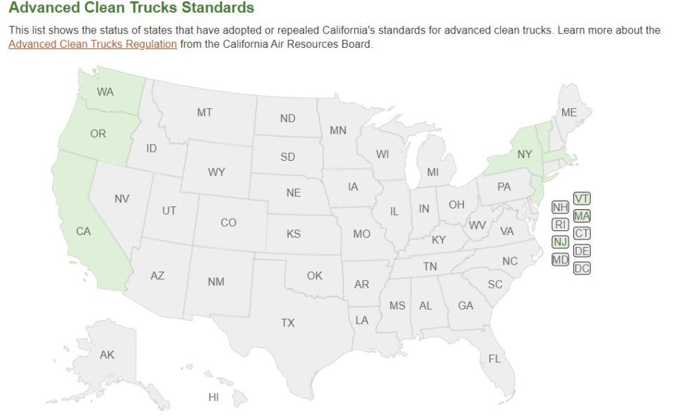 The map shows states that have adopted California’s Advanced Clean Trucks rule. Colorado also has adopted the standards. (Source: U.S. Department of Energy)