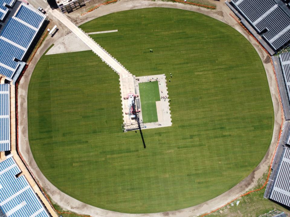 This aerial photo taken on May 1, 2024 shows the Nassau County International Cricket Stadium under construction in Eisenhower Park in East Meadow, New York, ahead of the ICC T20 World Cup 2024.