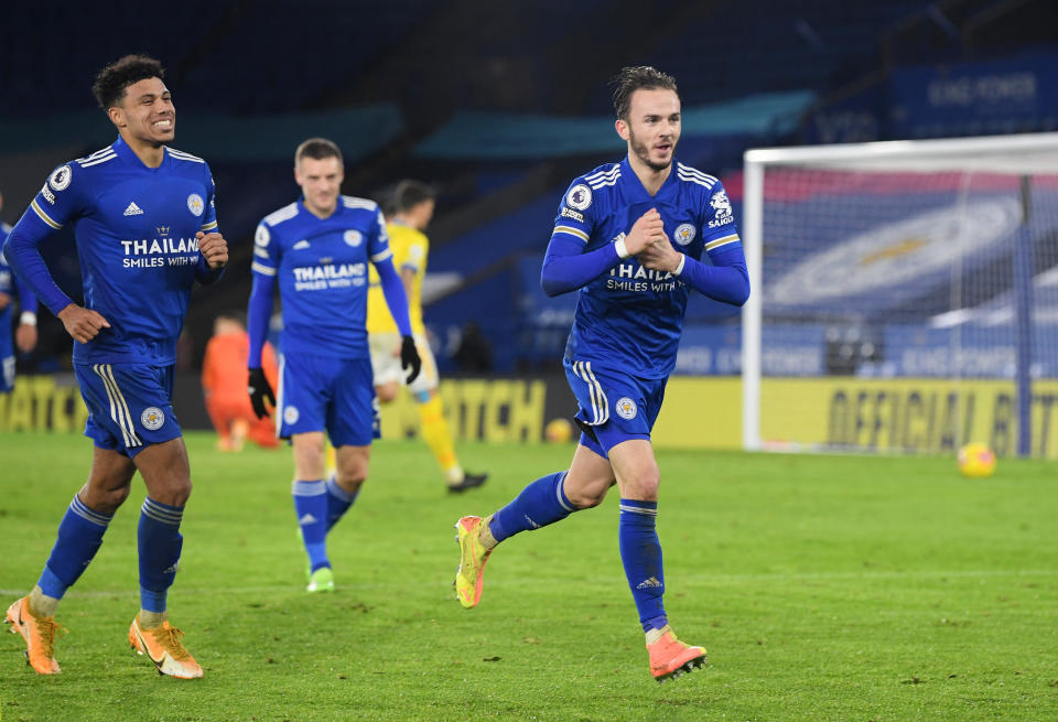 Leicester City's James Maddison celebrates scoring their third goal against Brighton. 