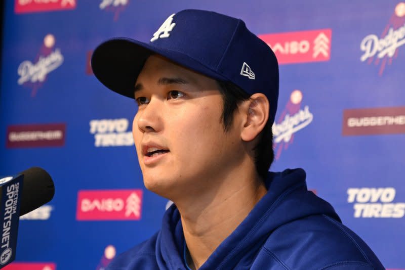 Los Angeles Dodgers Shohei Ohtani speaks during a news conference at Dodger Stadium in Los Angeles on Monday, where he publicly addressed the gambling scandal involving his ex-interpreter Ippei Mizuhara and insisted he has never placed a sports bet. Photo Handout Los Angeles Dodgers/UPI