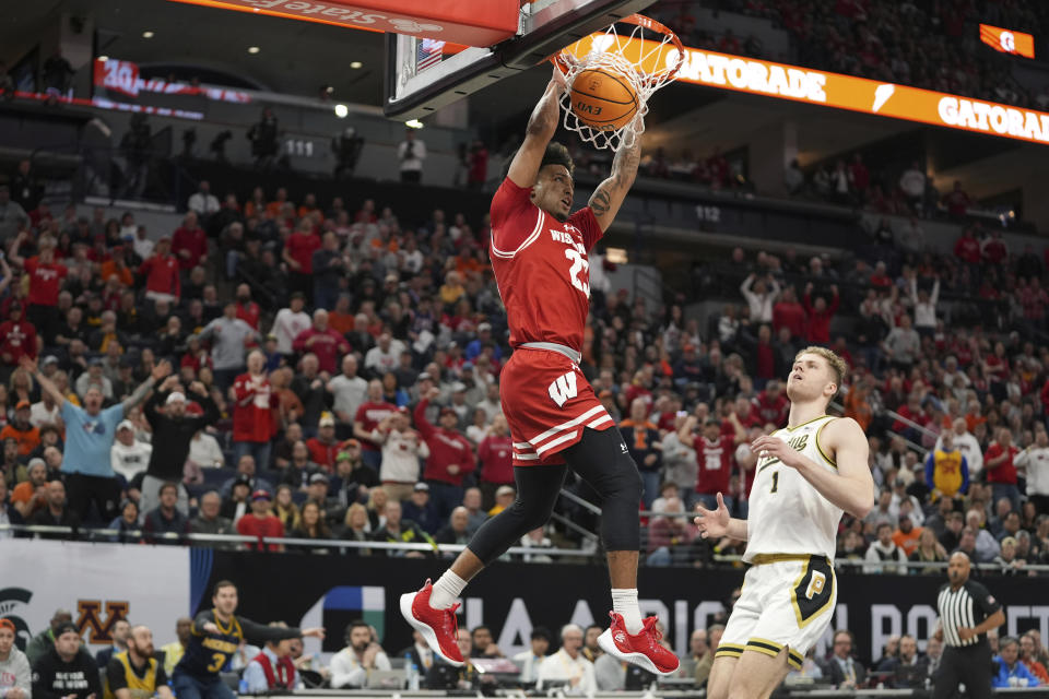 Wisconsin guard Chucky Hepburn dunks during the second half of an NCAA college basketball game against Purdue in the semifinal round of the Big Ten Conference tournament, Saturday, March 16, 2024, in Minneapolis. (AP Photo/Abbie Parr)