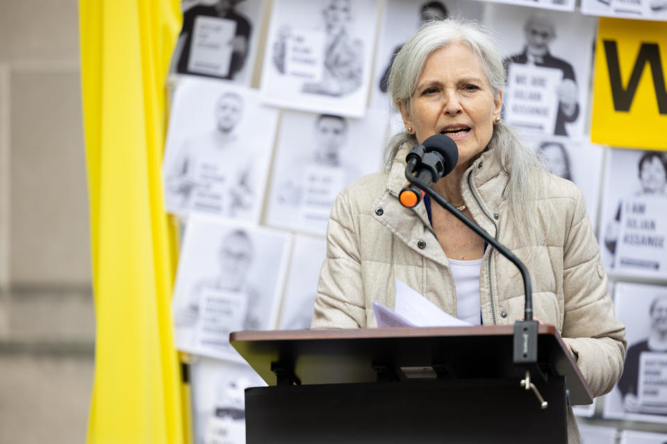 File: Dr. Jill Stein speaks outside of the Department of Justice during a Free Assange protest in Washington, D.C. on Oct. 8, 2022. / Credit: Nathan Posner/Anadolu Agency via Getty Images