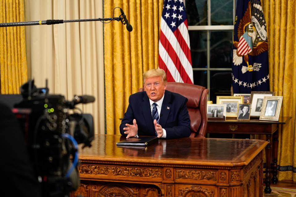 US President Donald Trump addresses the Nation from the Oval Office about the widening novel coronavirus (Covid-19) crisis in Washington, DC on March 11, 2020. - President Donald Trump announced on March 11, 2020 the United States would ban all travel from Europe for 30 days starting to stop the spread of the coronavirus outbreak. "To keep new cases from entering our shores, we will be suspending all travel from Europe to the United States for the next 30 days. The new rules will go into effect Friday at midnight," Trump said in an address to the nation. (Photo by Doug Mills / POOL / AFP) (Photo by DOUG MILLS/POOL/AFP via Getty Images)