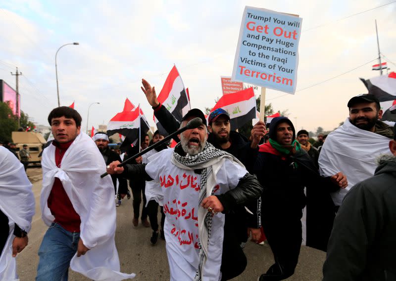 Supporters of Iraqi Shi'ite cleric Moqtada al-Sadr protest against what they say is U.S. presence and violations in Iraq, during a demonstration in Baghdad
