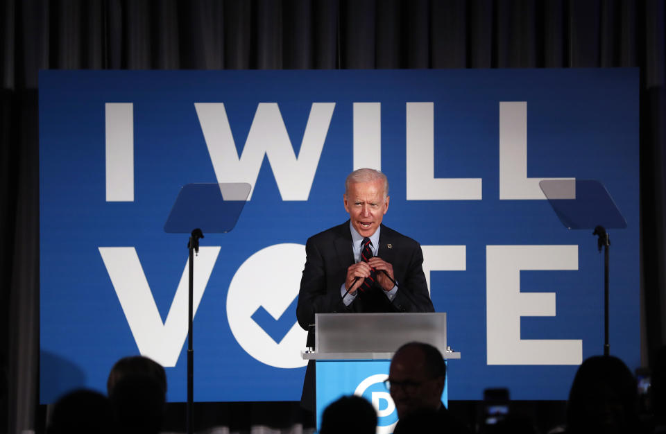 FILE - In this June 6, 2019, file photo, Democratic presidential candidate former Vice President Joe Biden speaks during the "I Will Vote" fundraising gala in Atlanta. Biden shifted to oppose longstanding restrictions on federal funding of abortion during his remarks. (AP Photo/John Bazemore, File)