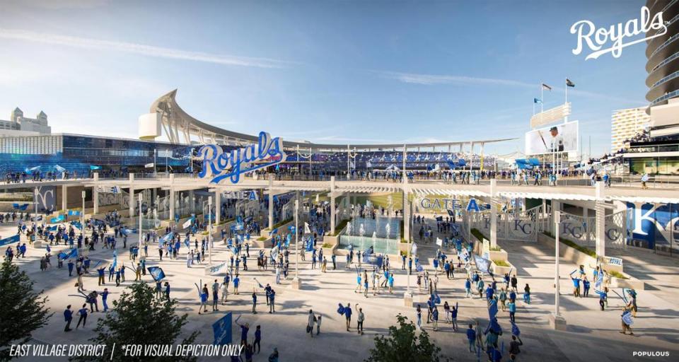 A rendering from stadium design firm Populous shows a concept of what a new downtown Kansas City Royals stadium located in the East Village might look like.