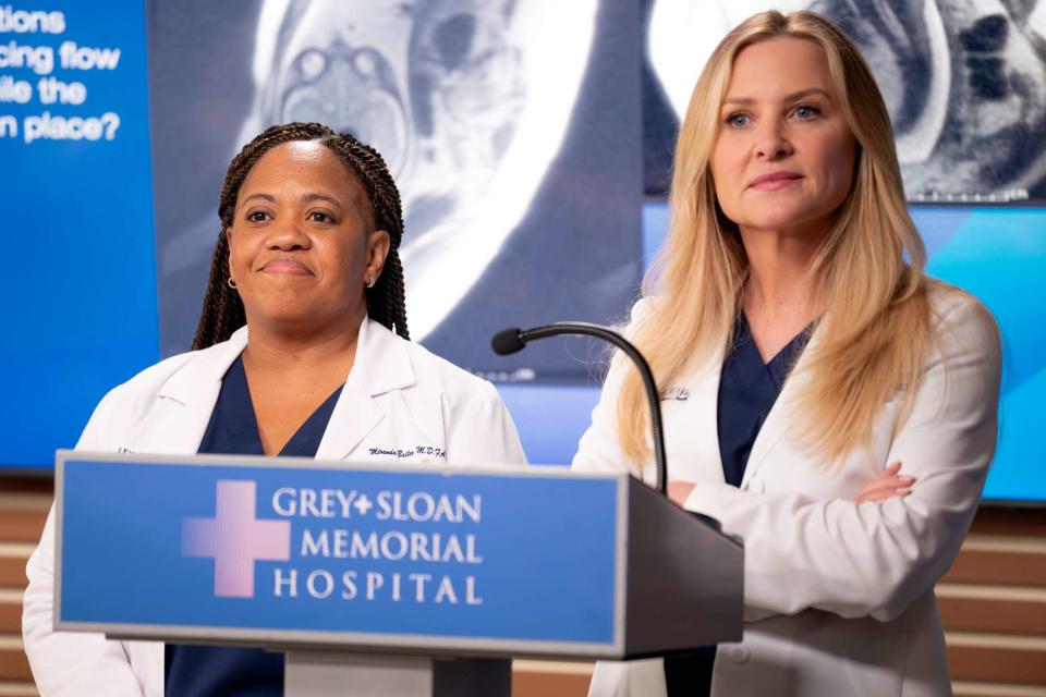 <p>Disney/Anne Marie Fox</p> From left: Chandra Wilson and Jessica Capshaw on "Grey