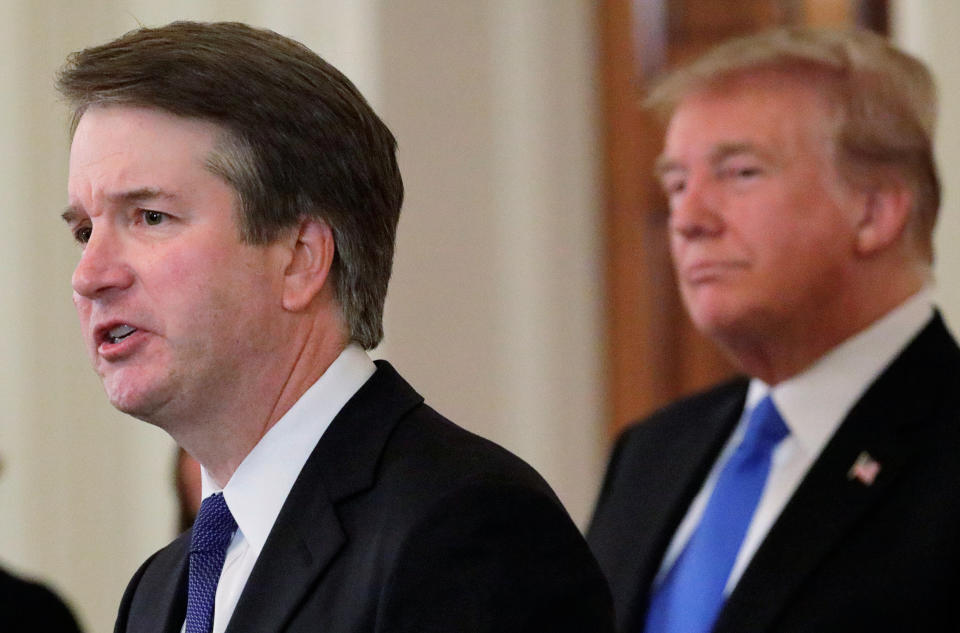 Brett Kavanaugh with President Donald Trump at the White House on July 9, after the announcement of his Supreme Court nomination. Kavanaugh said on Sept. 14 that he &ldquo;categorically and unequivocally&rdquo; denies Christine Blasey Ford&rsquo;s sexual&nbsp;assault allegation. (Photo: Jim Bourg / Reuters)