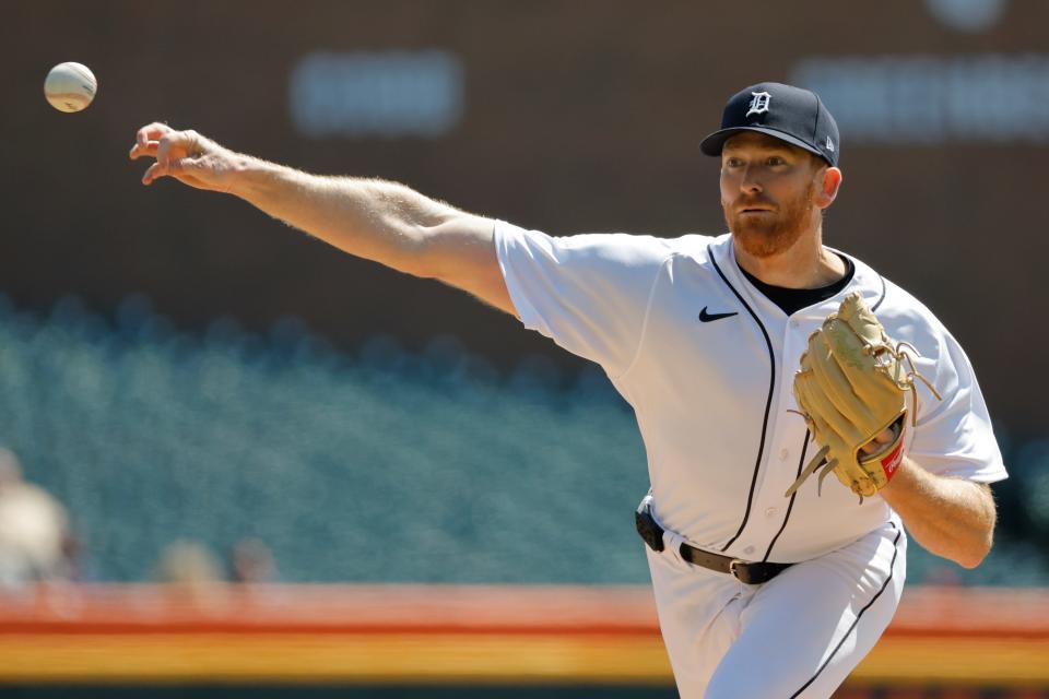 Detroit Tigers starting pitcher Spencer Turnbull (56) pitches in the first inning against the Cleveland Guardians at Comerica Park in Detroit on Wednesday, April 19, 2023.