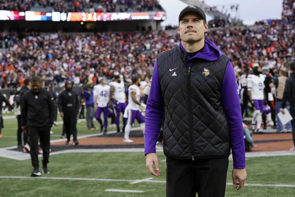 Minnesota Vikings head coach Kevin O'Connell walks off the field after an overtime loss to the Cincinnati Bengals in an NFL football game Saturday, Dec. 16, 2023, in Cincinnati. (AP Photo/Carolyn Kaster)