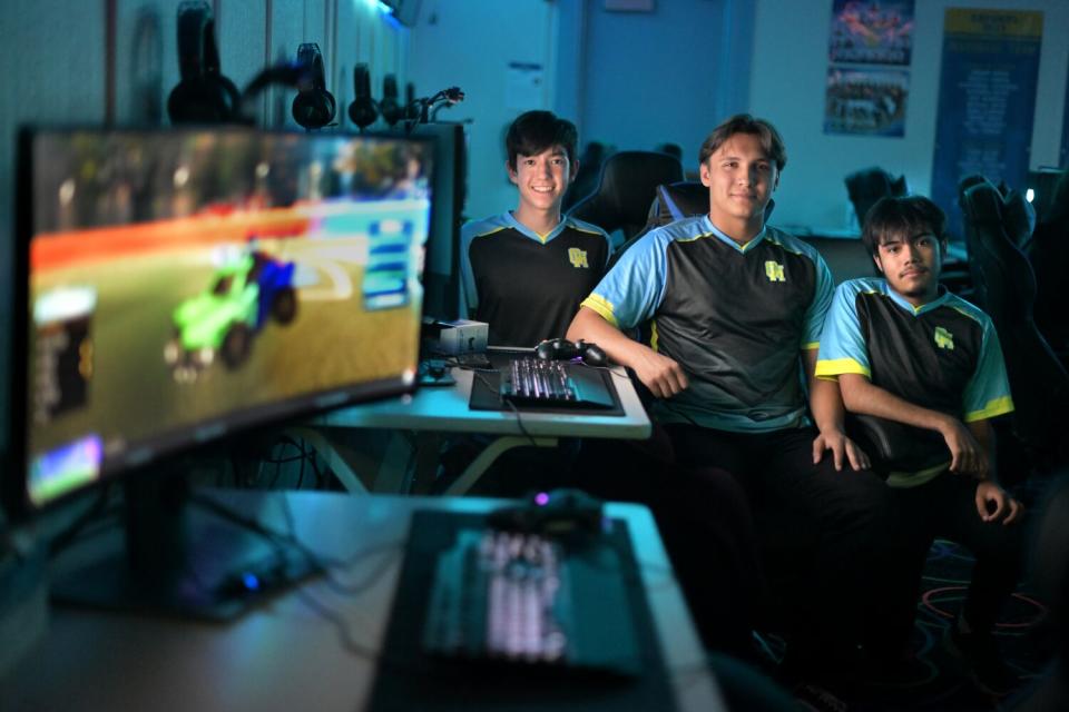 Esports players from left, Trent Elder, Jacob Mosman and Reuben Estrada at Quartz Hill High School.