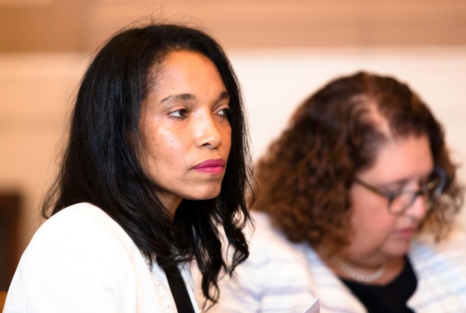 Former judge Tracie Hunter sits in the courtroom of Hamilton County Common Pleas Judge Patrick T. Dinkelacker on Monday. Hunter is expected to find out if she will be ordered to serve a six-month jail sentence that was imposed more than four years ago.