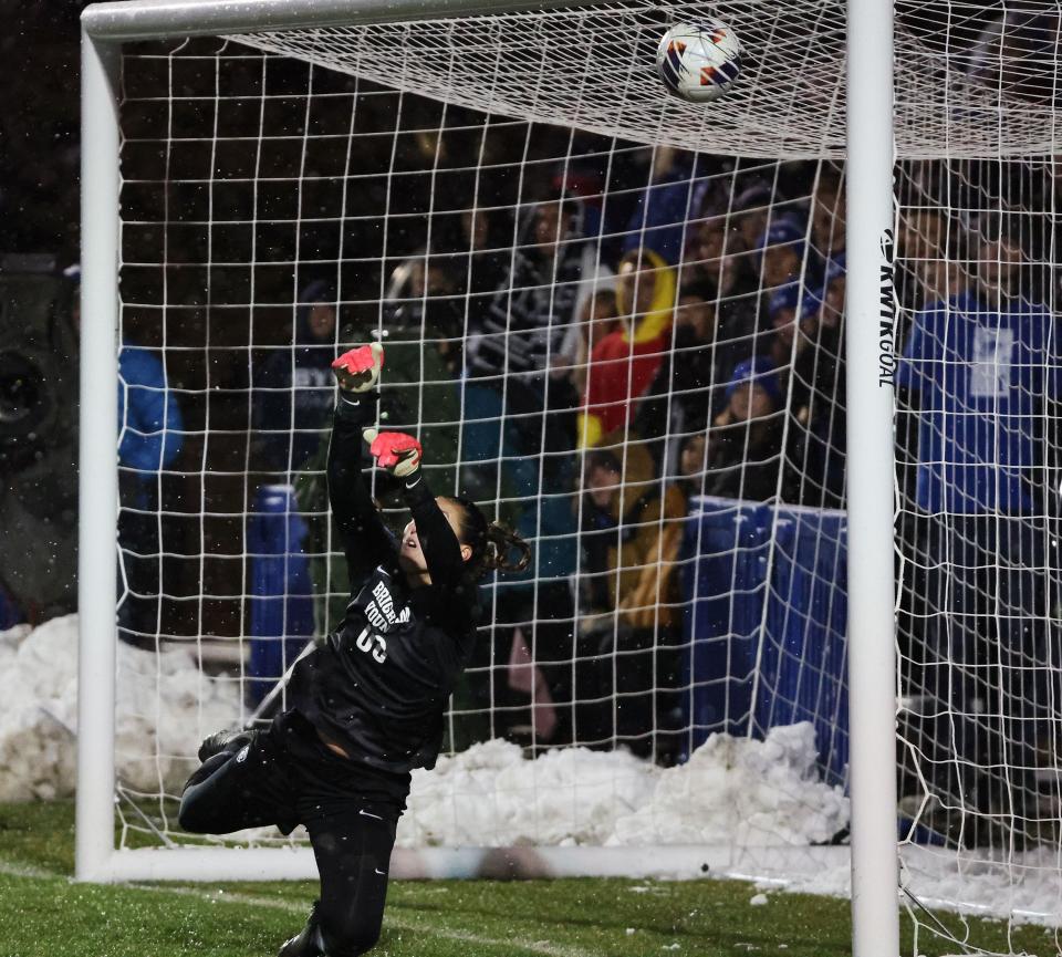 BYU goalkeeper Lynette Hernaez (00) can’t make the save leading to a goal for North Carolina during the NCAA tournament quarterfinals in Provo on Friday, Nov. 24, 2023. | Jeffrey D. Allred, Deseret News