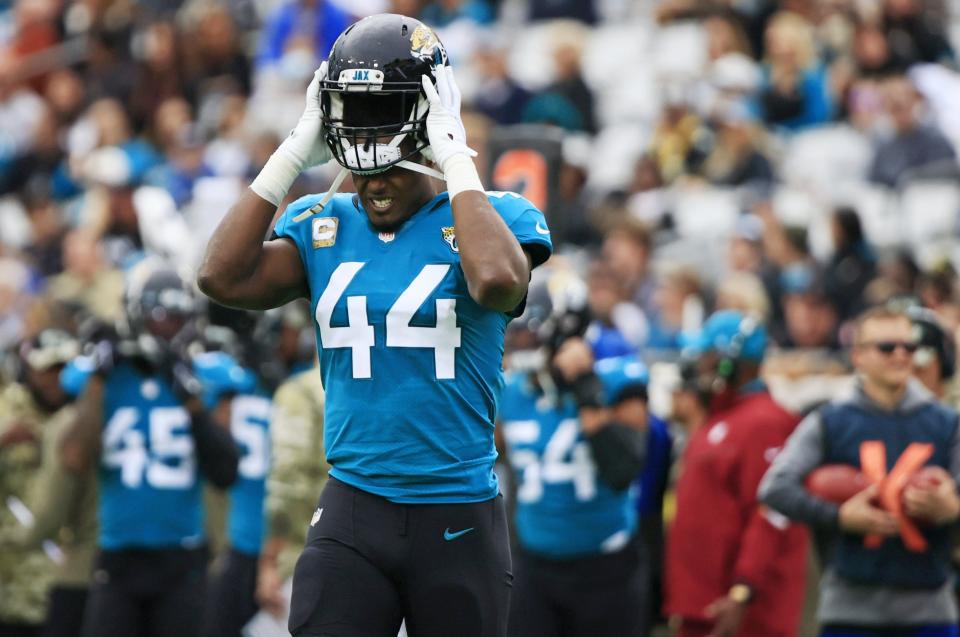 Jaguars linebacker Myles Jack (44) puts on his helmet during the second quarter on Nov. 28 against Atlanta.